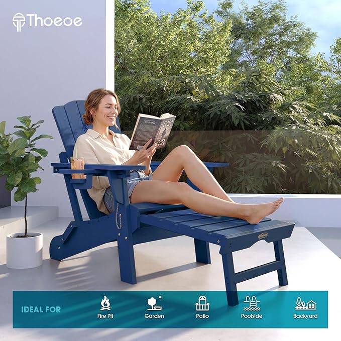 THOEOE Adjustable Adirondack Chair with Retractable Ottoman, HDEP Folding Adirondack Chairs with Footrest 2-in-1 Cup Holder, All Weather Outoor Fire Pit Chair with Foot Rest Set 8 Navy Blue