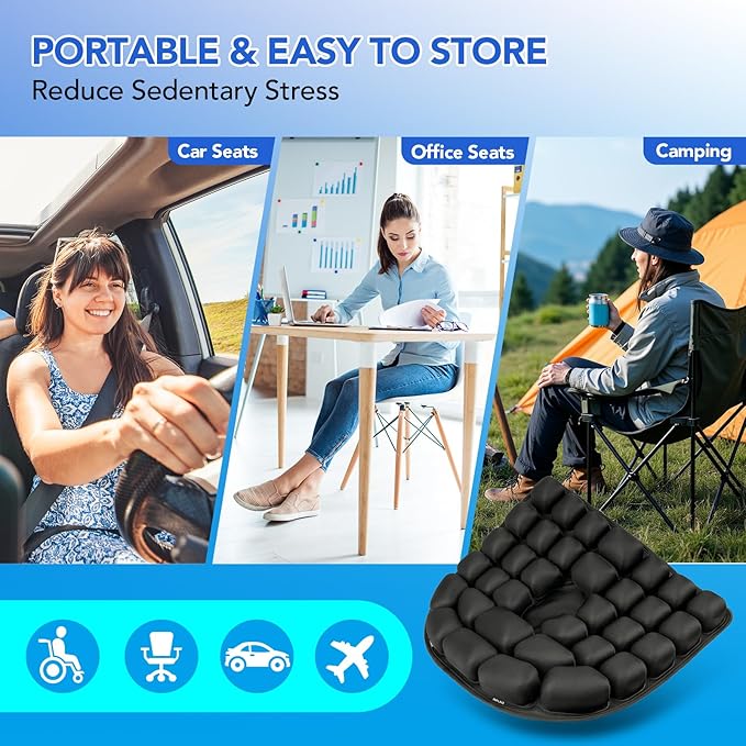 Inflatable Seat Cushion, 34 Air Cell Travel Seat with Upgraded Air Nozzle for Hemorrhoid and Tailbone Pain Relief, Portable Airplane Seat Cushion for Car, Office Chairs & Home Living