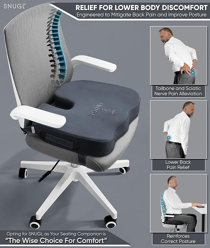 SNUGL Seat Cushion for Tailbone & Back Pain Relief – Orthopedic Memory Foam Coccyx Pillow for Office, Desk & Gaming Chairs – Sciatica & Lower Back Pain Relief, Long Sitting Comfort