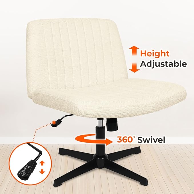 NEO CHAIR Criss Cross Chair No Wheels Armless Cross Legged Office Desk Wide Comfy Vanity Makeup Chair Adjustable Computer Task for Home Office Fabric (Beige)