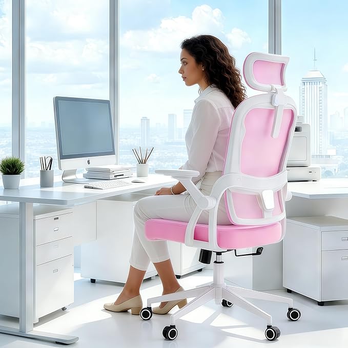 Ergonomic Office Chair - 400LB Comfy Desk Chairs with Adjustable Headrest and Lumbar Back Support, Mesh Computer Chairs with Wheels and Arms for Home Office, Study (218Pink-With Headrest)