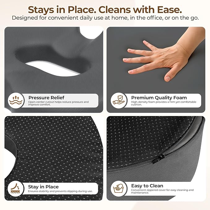 TushGuard Ergonomic Donut Pillow Seat Cushion with Raised Rear Support, Large Memory Foam Cushion for Tailbone, Hemorrhoids & Sciatica Relief, Office Chair, Car, Travel, Postpartum, Grey