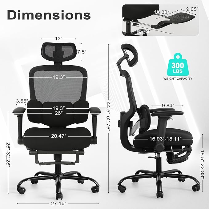 Ergonomic Office Chair with 4D Flip-Up Arms & Footrest, Mesh Desk Gaming Chair with 3D Headrest & 2D Floating Wing Lumbar Support, High Back Computer Chair for Home Office Vanity, Black
