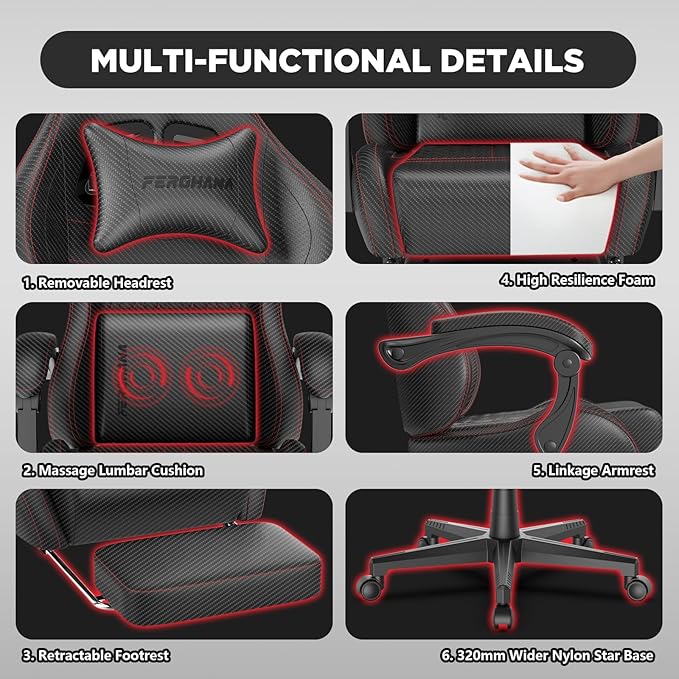 Ferghana Vintage PU Leather Gaming Chair, Ergonomic Gamer Chair with Massage, High Back Computer Office Chair with Footrest for Adults, Racing Style Reclining Video Game Chair (Black)