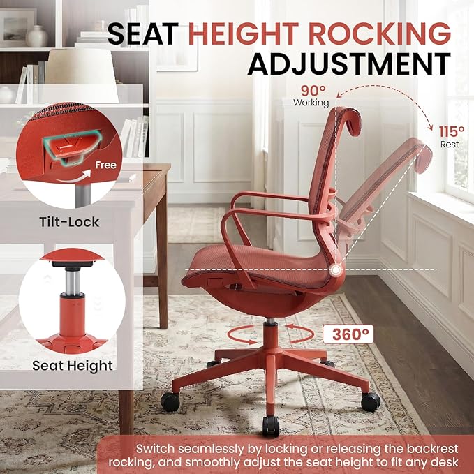 LuxErgo Ergonomic Mesh Office Chair, Mid Back Desk Chair with Lumbar Support & Armrests, Height Adjustable, 115° Recline, 360° Swivel Rolling Task Chairs for Home Office, Red