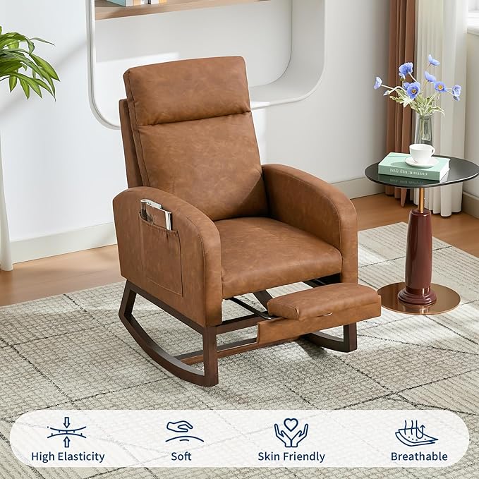 GarveeHome Rocking Chair Nursery with Foot Rest, Modern PU Upholstered Reading Glider Rocker Accent Armchair with High Backrest, Padded Seat, Side Pocket, for LivingRoom, Bedroom, Baby Room, Brown