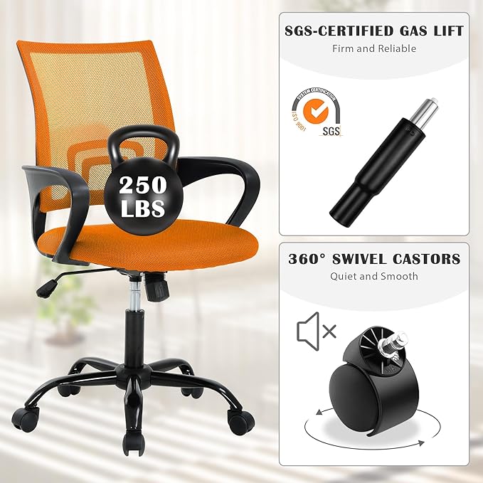 Office Chair, Adjustable Computer Chair with Lumbar Support, Office Desk Chair with Breathable Mesh Backrest, Home Office Desk Chairs for Student, Adults, Study, Dorm, Small Computer Chair, Orange