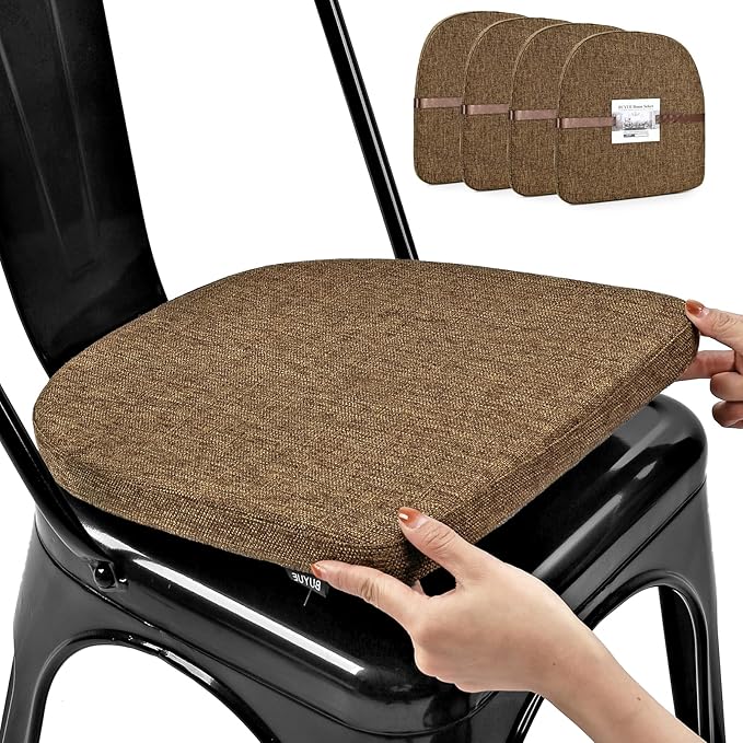 BUYUE Friendly Woven Fabric 14x14 Magnetic Cushions for Metal Chair Set of 4, Enhanced Anti-Slip Seat Pads for Dining Kitchen Café Stackable Chairs (U-Shape, Brown, 4 Counts)