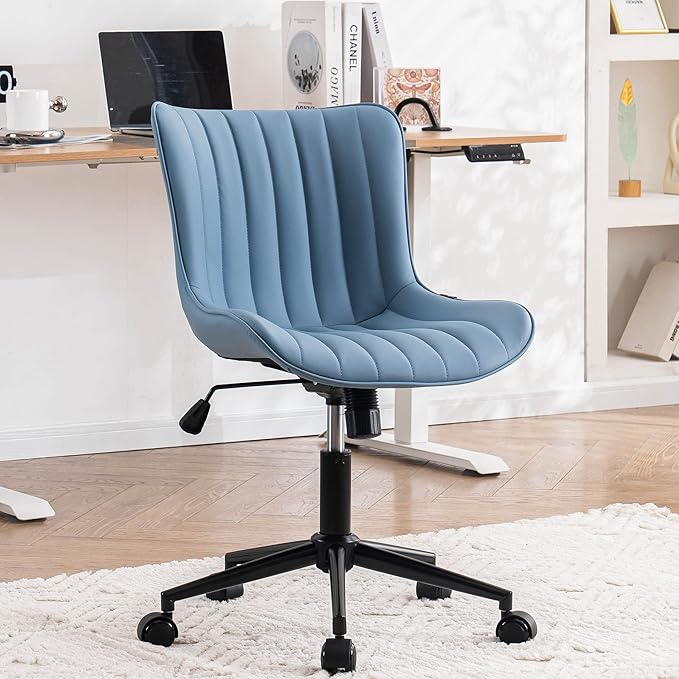 YOUNIKE Blue Office Desk Chair with Wheels Comfy Armless Vanity Chair with Back Modern Small Faux Leather Upholstered Rolling Task Chair Cute Computer Drafting Sewing Chair Swivel Adjustable Compact