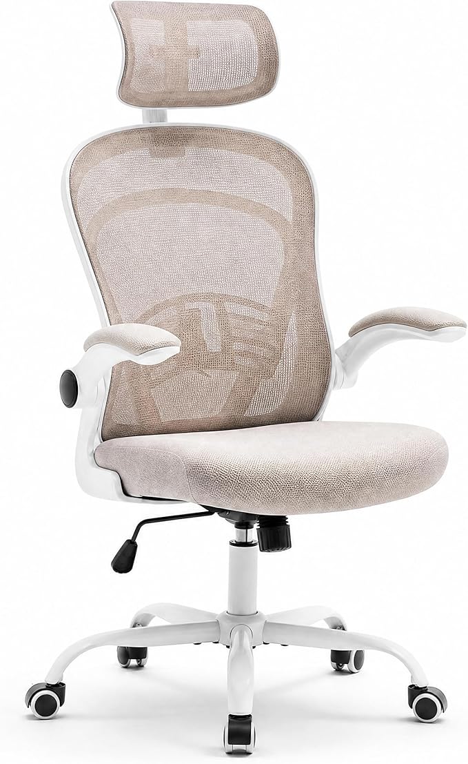Ergonomic Mesh Office Chair, High Back Desk Chair with Adjustable Lumbar Support & Headrest, Flip-Up Armrests, 300 Lbs Capacity, Swivel Rocking Computer Chair for Home Office Study Bedroom White