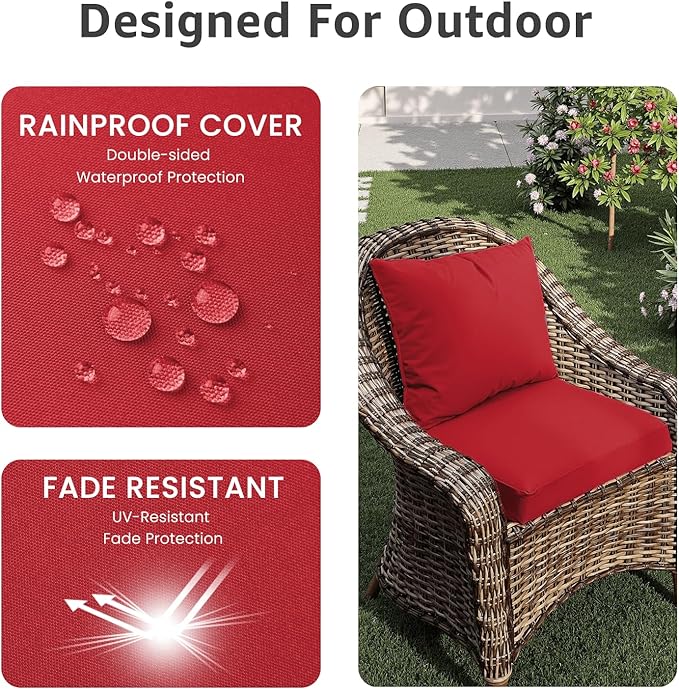 PatioGlow Outdoor Seat Cushion Set 24 x 24 x 4 Inch, Waterproof & Fade Resistant Patio Furniture Cushions with Removable Cover and Ties, Thick Deep Seating Pads for Outside Chair Sofa Couch, Red