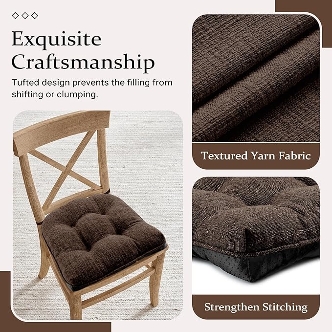 Wellsin Chair Cushions for Dining Chairs, Non-Slip Kitchen Chair Pads with Ties, Tufted Shredded Foam Kitchen Chair Cushions Set of 4, 15.5" X 15.5", Brown