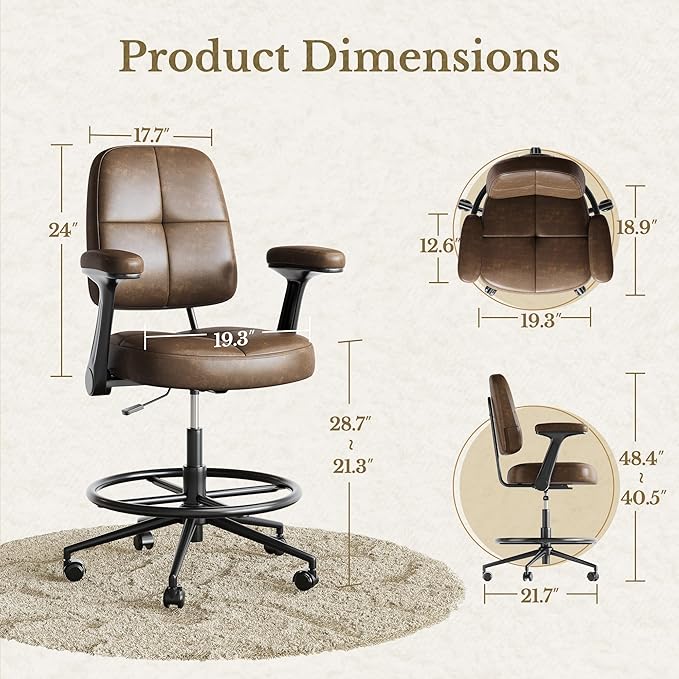 Drafting Executive Chair, Tall Office Chair with Padded Flip-Up Armrests, Mid-Back Cushioned Seat, 360° Swivel Rolling Computer Desk Chair for Standing Desk & Home Office, Vintage Brown