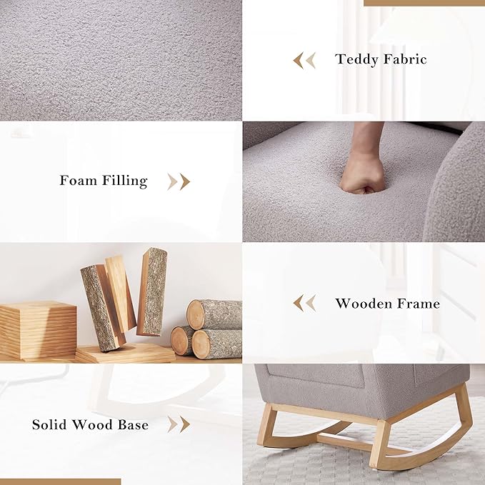40" Teddy Nursing Rocking Chair, Nursery Chairs with Adjustable Foot Rest, High Backrest Upholstered Arm Chair with Side Pockets, Wood Rocking Chair for Living Room, Bedroom, Baby Room (Light Gray)
