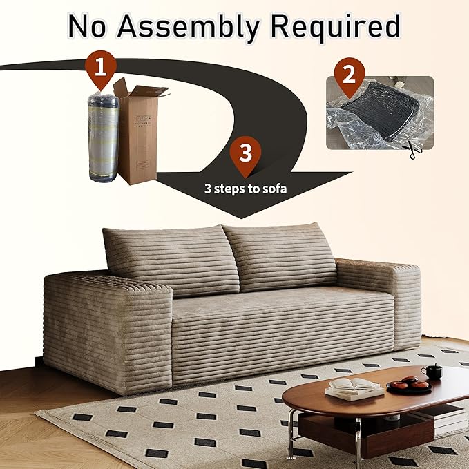 63" Boneless Couches for Living Room,Corduroy Loveseat Sofa for Small Spaces & Bedroom & Apartment,Compressed Sofa No Assembly Required,Camel