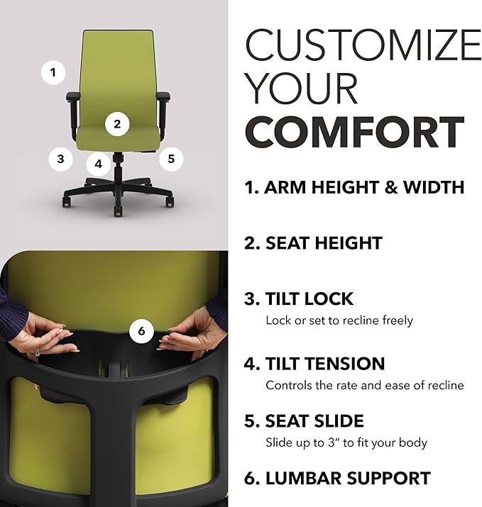 HON Ignition 2.0 Mid Back Task Chair, Spectrum Mesh, Standard Synchro-Tilt Control, Office Chair with Lumbar Support, Height and Width Adjustable Arms, Black Frame, Pear
