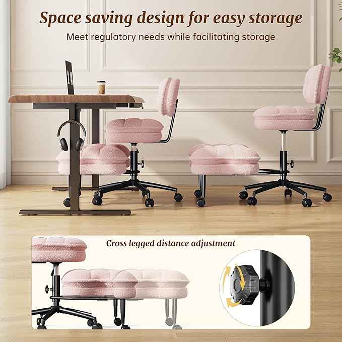 DurayLoly Ergonomic Criss Cross Office Chair, Swivel Chair with Wheels & Backrest, Comfy Office Chair with Foot Rest for ADHD, Height Adjustable, Thicken Cushion, Teddy Fabric, Light Pink