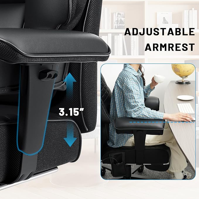 HOFFREE 500lbs Big and Tall Office Chair for Heavy People Executive Desk Chair with Adjustable Lumbar Support Comfy Wide Office Chair,Adjustable Padded Armrest,PU Leather,Black