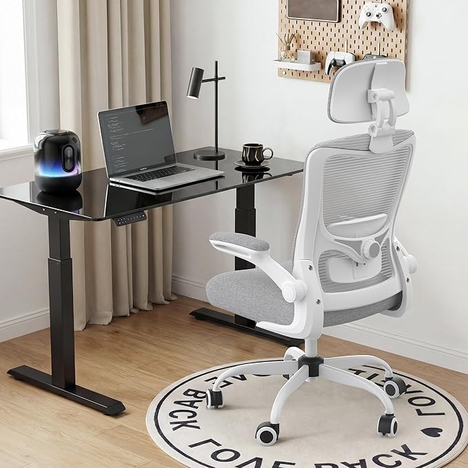 Office Chair, Ergonomic Mesh Desk Chair with Adjustable Lumbar Support and Headrest, Flip-up Armrests, High Back Computer Task Chair for Home and Executive Office (W-All Grey)