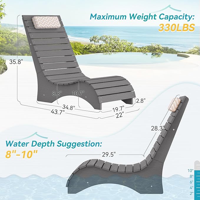 HDPS Pool Lounge Chairs, Use in Pools Lounge Chairs up to 10-Inches of Water, Chaise Chairs with Headrest, Lounge Chair Outdoor, Fade-Resistant Pool Lounger for Deck