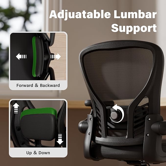 GYI Ergonomic Office Chair, Mesh Desk Chair with Adjustable Lumbar Support and 3D Flip-up Arms, Computer Chair with Wheels, Black