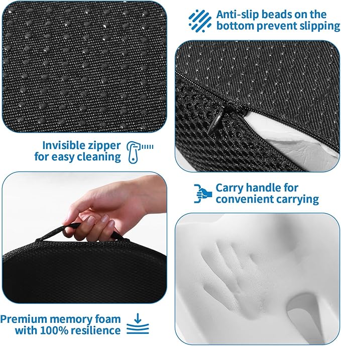Memory Foam Car Seat Cushion, Non Slip Ergonomic Cushion for Office Chairs, Cars, Desk, Gaming & Wheelchair, Breathable Mesh Pad for Tailbone Pain Relief, Sciatica & Back Support, Black