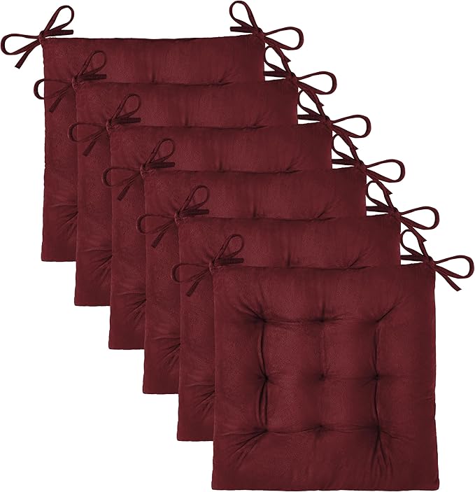 OVOV 6 Pack Chair Cushions for Dining Chairs Soft Seat Cushions for Kitchen Desk Chairs Square Chair Pads with Ties (15.5"x15.5" Burgundy)