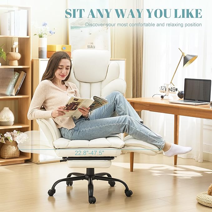 Big and Tall Office Chair, Flip Armrests Criss Cross Office Chair, Reclining Desk Chair with Foot Rest, Adjustable Headrest, Massage Waist Pillow Cross Legged Wide Seat Vanity Chair, PU Leather White