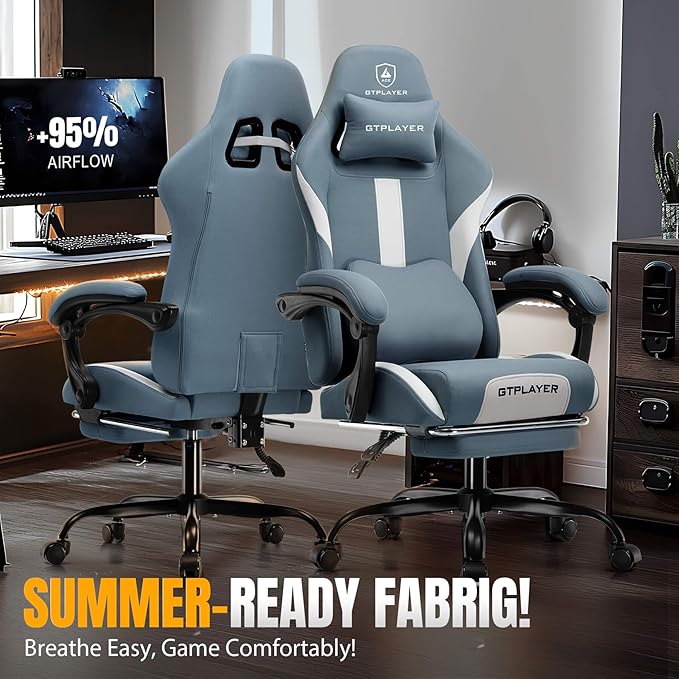 GTPLAYER Gaming Chair with Foot Rest & Pocket Spring Cushion, Ergonomic High Back Computer Desk Chair with Headrest & Lumbar Support for Back Pain Relief, Breathable Fabric, Blue