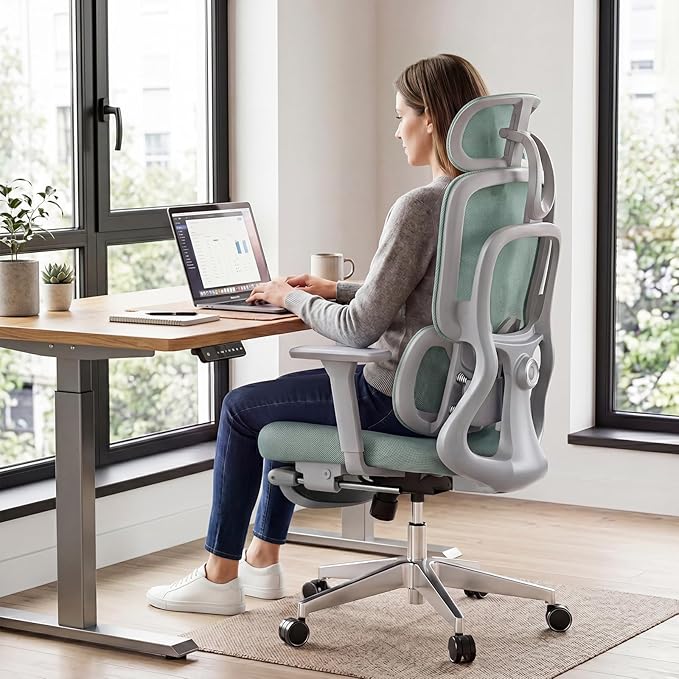 Ergonomic Office Chair with Footrest, 4D Armrests & Dynamic Lumbar Support, High Back Mesh Desk Chair with Adjustable Headrest, Reclining Computer Chair 380lbs for Long Hours (Green)