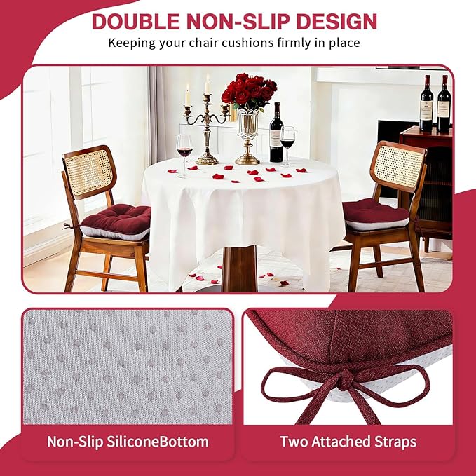 BETU Chair Cushions for Dining Chairs Set of 2,3.5" Thick Kitchen Table Chair Pads with Ties,Non Slip Backing and Covers, Decor Seat Cushion for Dining Room,Bar,Patio Chairs,15.5"X15.5"X3.5",Red