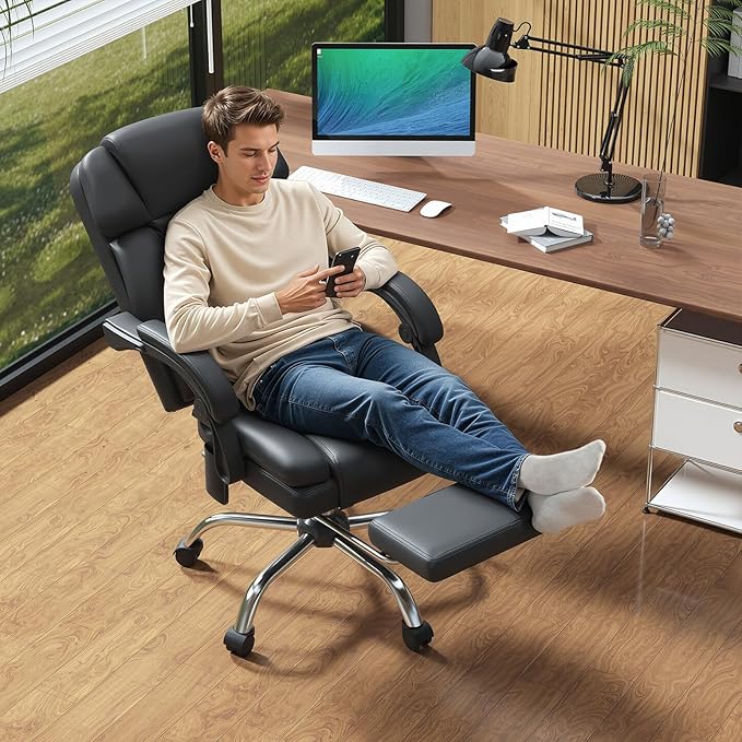 HOMREST 6-Point Massage Office Chair with Heat, Ergonomic Reclining Desk Chair with Footrest, PU Leather Executive Chairs for Home Office, Massaging Computer Chair Gift for Men, Black