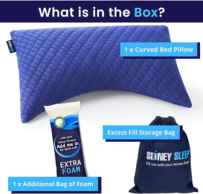 Sidney Sleep Adjustable Curved Pillows for Neck and Shoulder Support with Extra Shredded Fill - Cervical Contour Pillow for Side and Back Sleepers - Queen Size 19" x 29" - CertiPUR-US Certified (Blue)