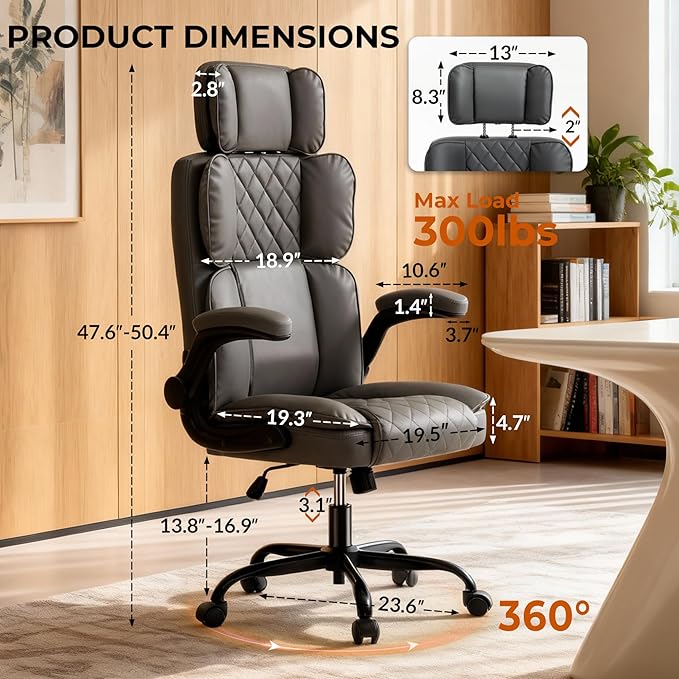 Office Chair with Adjustable Headrest - Executive Leather Desk Chair for Home Office, with Flip-Up Arms & Ergonomic Lumbar Support, Perfect for Work and Study, Gray