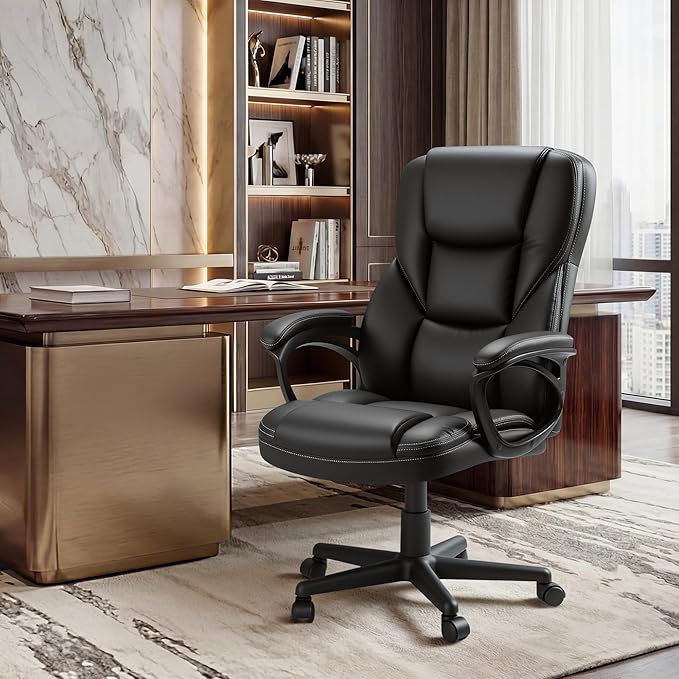 Shahoo Ergonomic Office Chair Executive Adjustable Desk Chair with Flip-up Armrests PU Leather Swivel Computer Chair for Home Office Gaming, Lumbar Support Space Saving 300lbs Capacity, Black