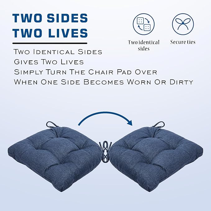SQUARE MOON D-Shaped 3" Thick Chair Cushions, Chair Pads for Dining Chairs and Kitchen Chairs, Indoor Dining Room Seat Cushions with Ties, Machine Washable, 17" x 16" x 3", 4/Pack, Navy Blue
