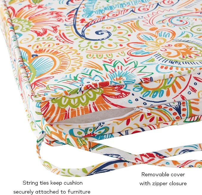 Outdoor 18 inch Square Patio Dining Chair Pads – Comfortable Fiber-Filled Seat Cushions with Ties, Reversible Polyester Fabric - Jamboree Paisley, Set of 2