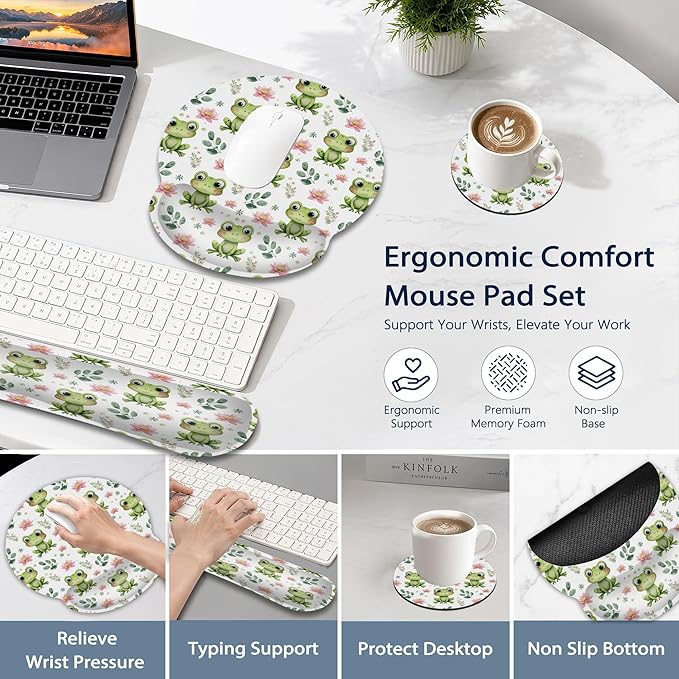 Cute Frog Wrist Rest Mouse Pad and Keyboard Support Set,Lotus Flower 3 in 1 Ergonomic Memory Foam Mousepad with Non Slip Base, Gaming Mouse Pad for Office and Home