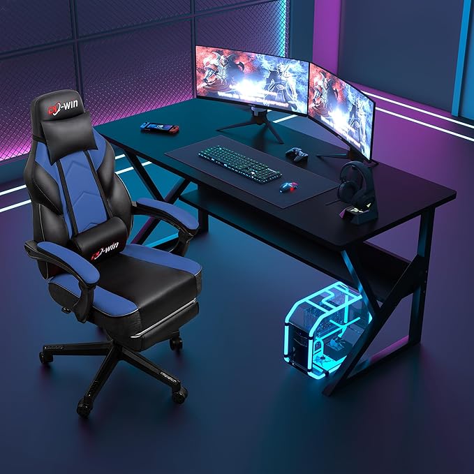 DL-win Gaming Chairs for Adults, Computer Chair with Footrest and Ergonomic High Back, Big and Tall Gamer Chairs with Massage Lumbar Support, 360° Swivel Height Adjustable Gaming Chair, Blue