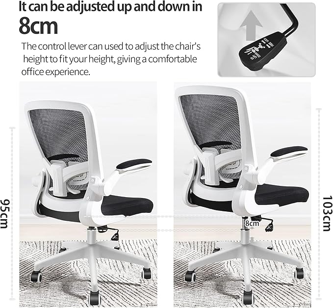 Ergonomic Office Chair 2026 - Mesh Desk Chair with Flip-up Armrests, Adjustable Height and Lumbar, 360° Swivel Comfortable Computer Chairs for Home, Conference Room, Reception, White and Black