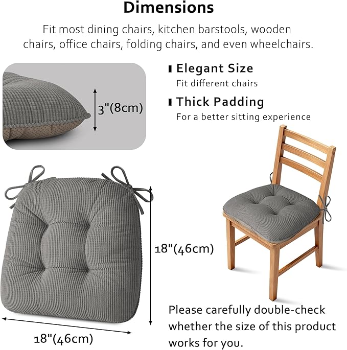 ELFJOY Dining Chair Cushions 1 Piece Thick Non Slip Kitchen Chair Pads with Ties Comfortable Indoor Kitchen Seat Cushions (18" x 18" x 3" Light Grey)