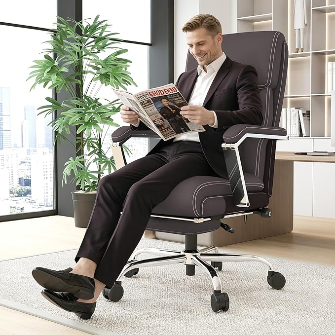 Ergonomic Executive Leather Office Chair with Footrest, Reclining Computer Desk Chair with Adjustable Lumbar Support, 360° Swivel, 400lbs Capacity