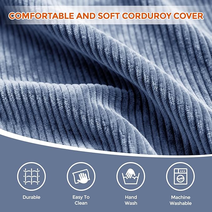 20" x 20" x 15" Pouf Ottoman Foot Rest, Pre-Stuffed Round Foot Stool with Odorless Shredded Memory Foam, Furry & Fluffy Corduroy Footrest for Living Room, Navy