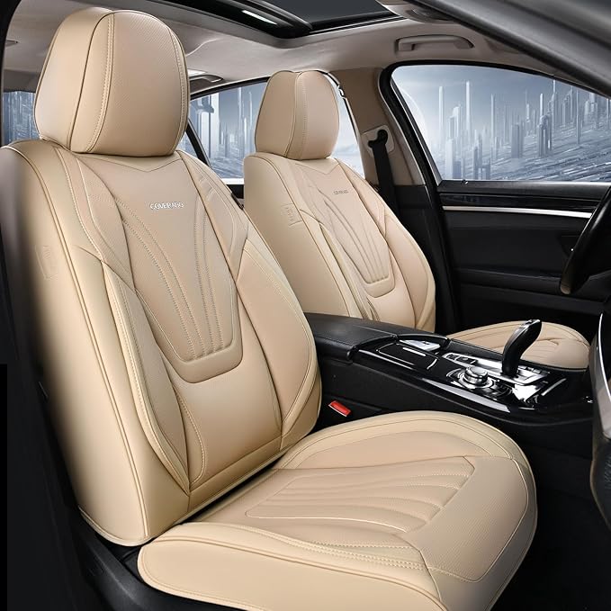 Coverado Car Seat Covers Front Seats, 2 Piece Car Seat Protector with Lumbar Support & Removable Headrest, Breathable Leather Seat Cushion Universal Fit for Truck Automotive Vehicles Beige