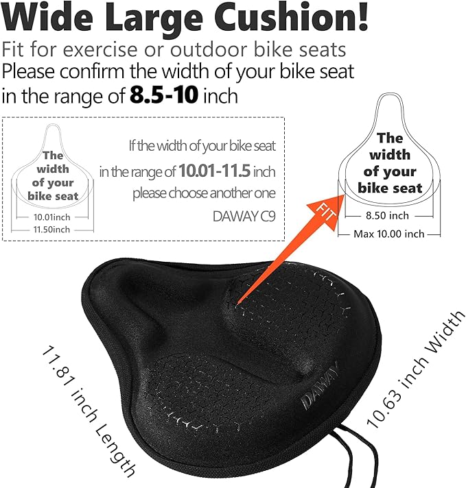 DAWAY Comfortable Bike Seat Cover - C3 Soft Gel & Memory Foam Padded Bike Seat Cushion for Women Men Seniors, Comfort, Fits for Peloton, Stationary, Exercise, Mountain and Cruiser Bicycle Saddles