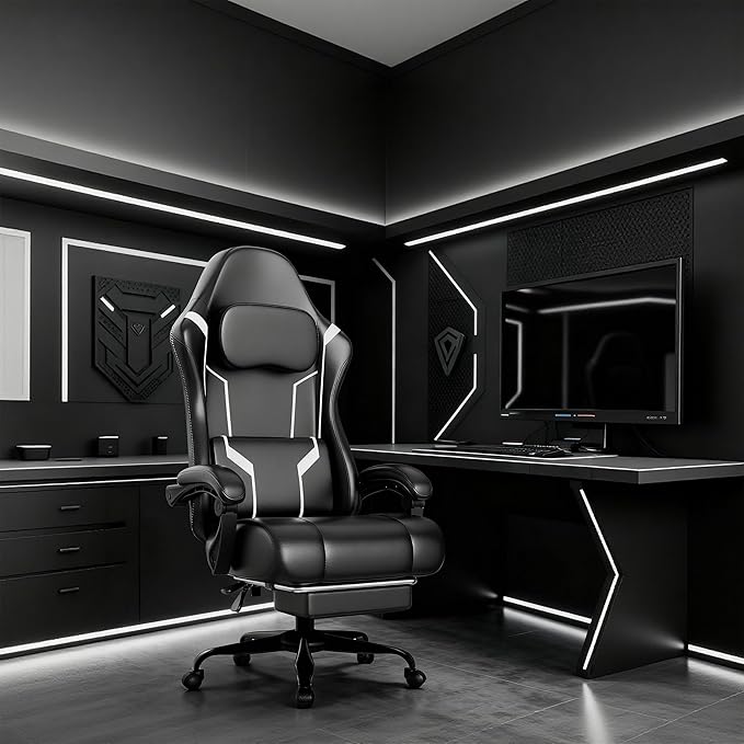 Ergonomic Gaming Chair, Video Game Chair with Pocket Spring Cushion and Footrest, Height Adjustable Computer Chair with Swivel Seat and Headrest (White)