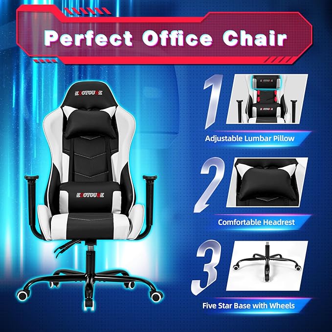 ECOTOUGE PC Gaming Chair Massage Ergonomic Office Desk Chair Racing PU Leather Recliner Swivel Rocker with Headrest and Lumbar Pillow, White
