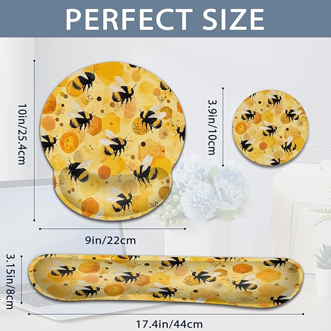 Ergonomic Keyboard and Mouse Wrist Rest Set, Cute Bee Mouse Pad with Non Slip Base, Soft Cloth Surface for Office and Home Typing Support