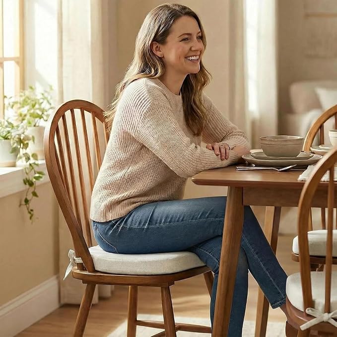 2 Pack Beige Winsor Chair Cushions with Ties, Dining Kitchen Chair Seat Pads Non Slip Removable Washable Cover 17"x16"