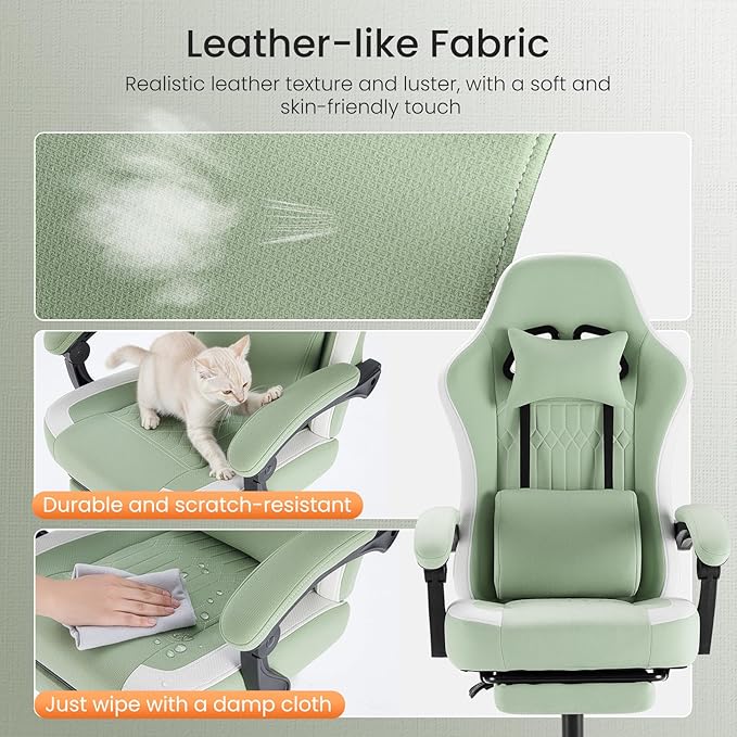 DUMOS Gaming Chair with Linkage Armrests, Video Game Chairs with Pocket Spring Cushion, Ergonomic Computer Silla Gamer Office Desk Chair with Footrest for Adults & Students, Green